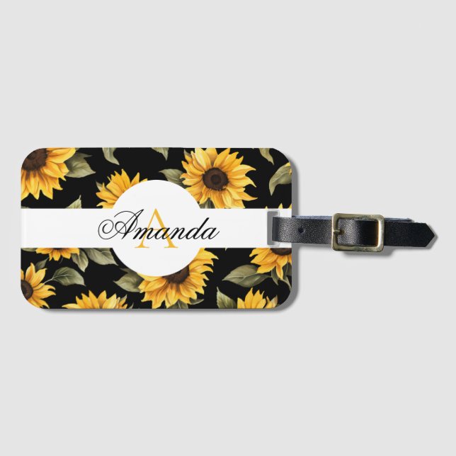 Étiquette À Bagage Aquarelle Noir Jaune Tournesol Motif sans couture (Devant Horizontal)