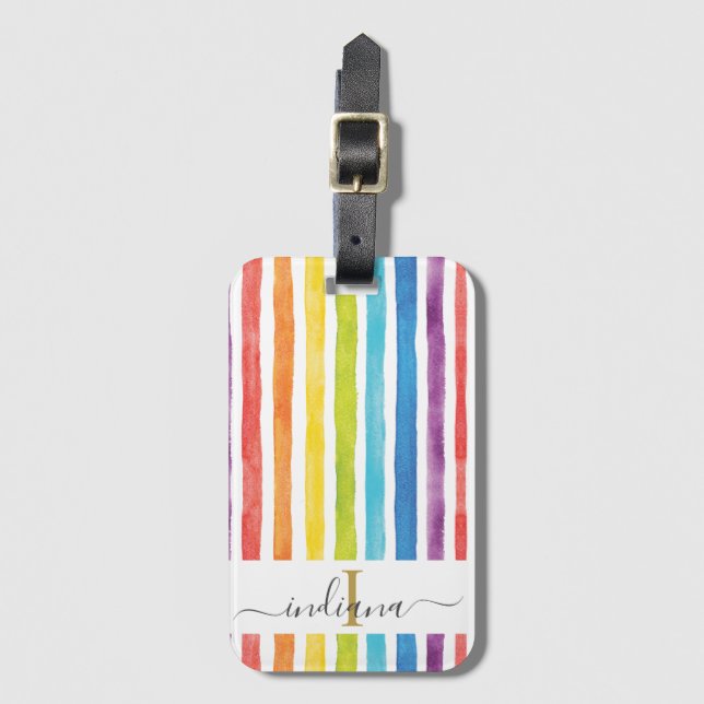 Étiquette À Bagage Aquarelle Nom du monogramme Arc-en-ciel (Devant Vertical)