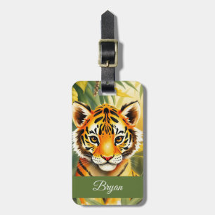 Étiquette À Bagage Aquarelle Orange et Vert Migner Tiger Nom des enfa