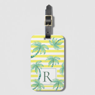 Étiquette À Bagage Aquarelle Palmiers et Monogramme rayé jaune