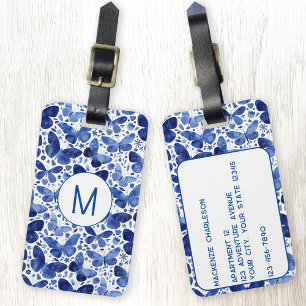 Étiquette À Bagage Aquarelle papillon Monogramme bleu