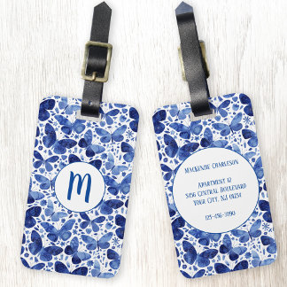 Étiquette À Bagage Aquarelle papillon Monogramme bleu