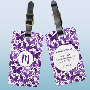 Étiquette À Bagage Aquarelle papillon violet Monogramme