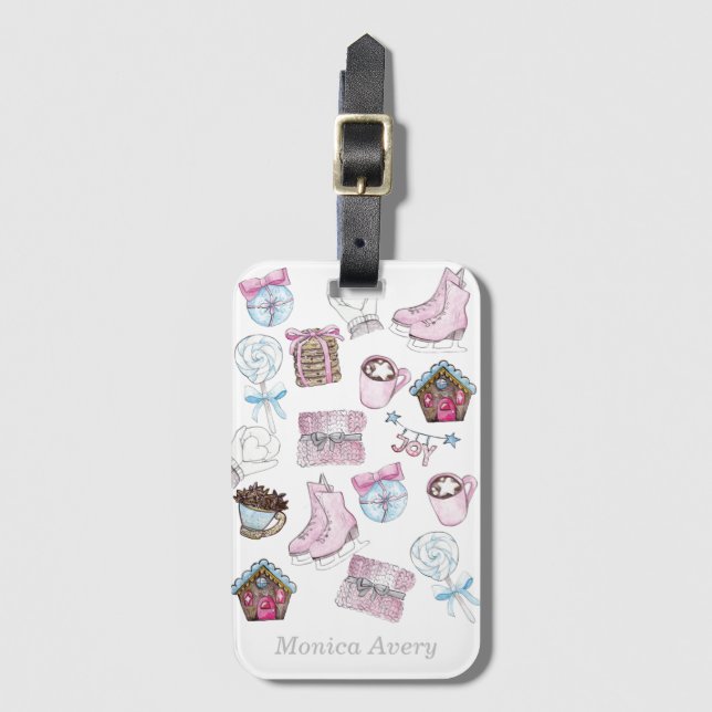 Étiquette À Bagage Aquarelle Personnalisé Pink Noël (Devant Vertical)