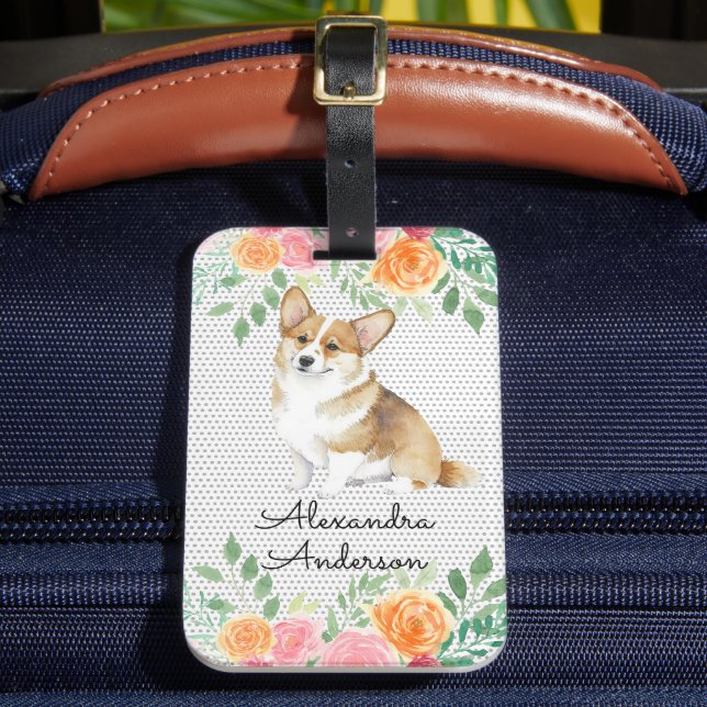 Étiquette À Bagage Aquarelle Personnalisée Corgi Chiot Floral (Insitu Rectoal 2)