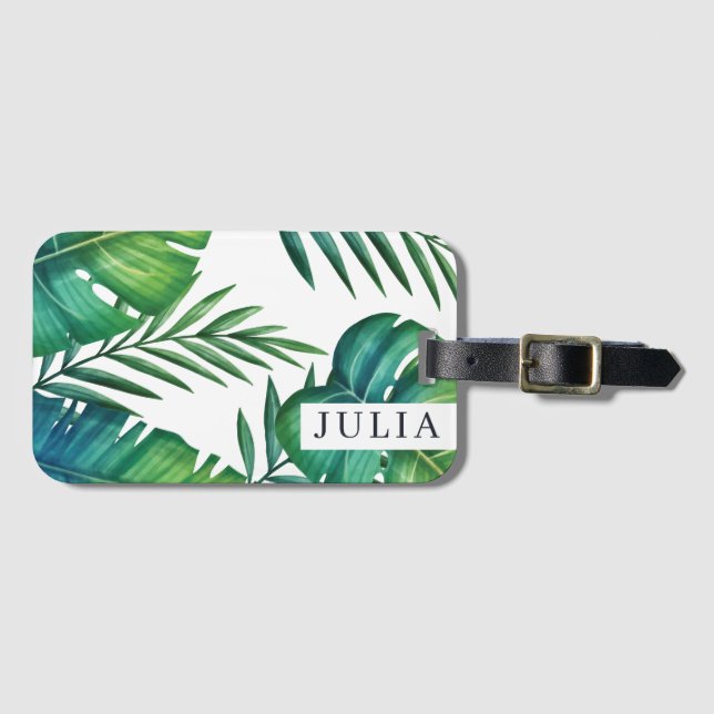 Étiquette À Bagage Aquarelle Personnalisée Feuilles tropicaux (Devant Horizontal)