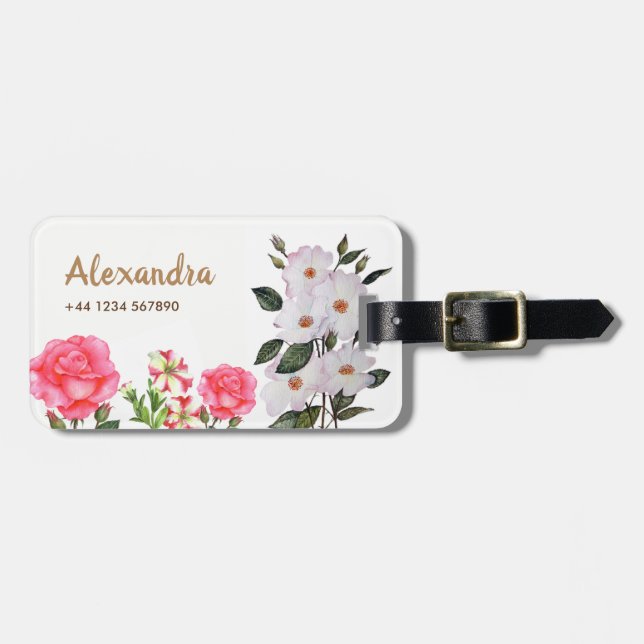 Étiquette À Bagage Aquarelle personnalisée Fleurs roses Art Floral (Devant horizontal)