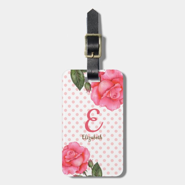Étiquette À Bagage Aquarelle personnalisée Roses roses rose Monogramm (Devant Vertical)