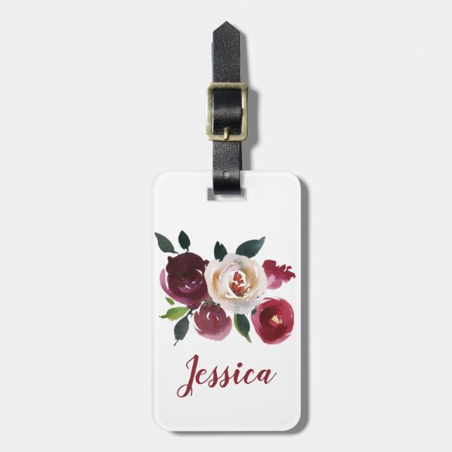 Étiquette À Bagage Aquarelle personnalisée Roses rouge et blanc (Devant Vertical)