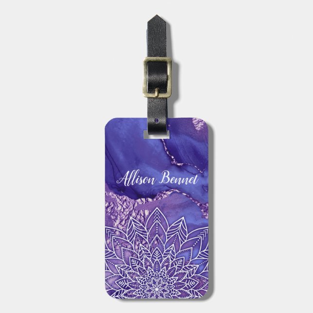 Étiquette À Bagage Aquarelle personnalisée violet blanc Mandala (Devant Vertical)
