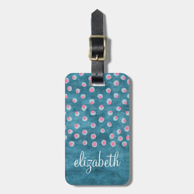 Étiquette À Bagage Aquarelle Pois Messy - bleu et rose (Devant Vertical)
