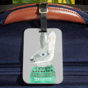 Étiquette À Bagage Aquarelle Rabbit en gris doux Personnalisé