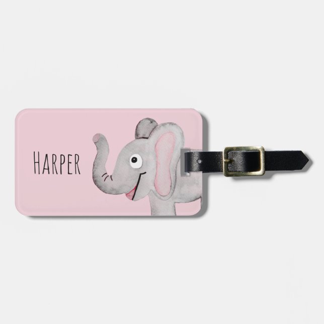 Étiquette À Bagage Aquarelle rose de la fille Safari éléphant et nom  (Devant horizontal)