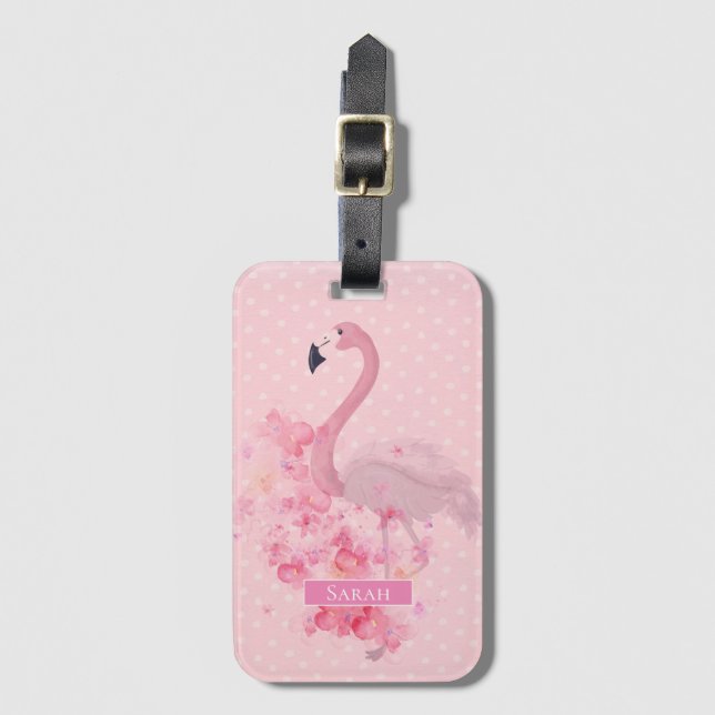 Étiquette À Bagage Aquarelle rose Flamant rose Floral et points (Devant Vertical)
