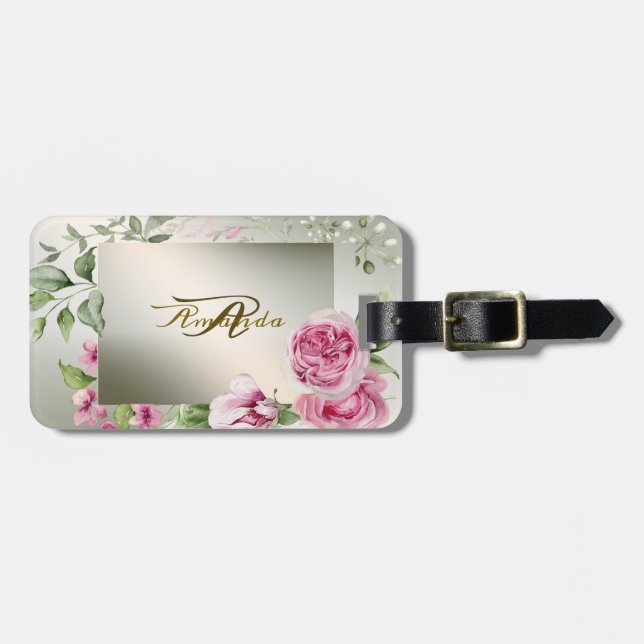 Étiquette À Bagage Aquarelle rose Floral cadre brillant Bronze Voyage (Devant horizontal)