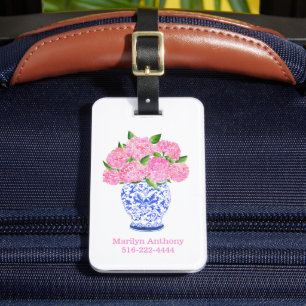 Étiquette À Bagage Aquarelle rose Hydrangea Chinoiserie Nom Numéro