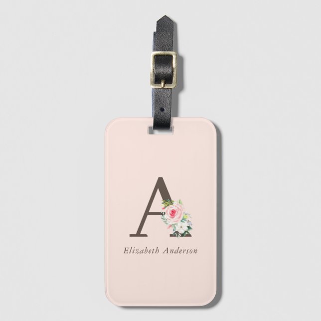 Étiquette À Bagage Aquarelle rose Monogramme floral (Devant Vertical)
