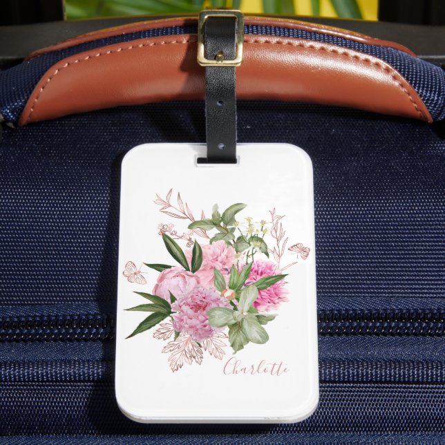 Étiquette À Bagage Aquarelle rose Peonies Rose Gold Butterfly Nom (Insitu Rectoal 2)