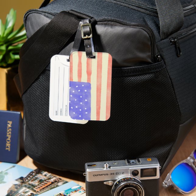 Étiquette À Bagage Aquarelle rustique USA drapeau américain (Recto & Verso)