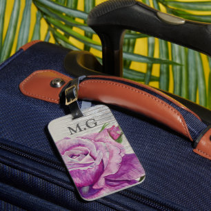 Étiquette À Bagage Aquarelle rustique violet Rose Monogramme bois