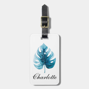 Étiquette À Bagage Aquarelle tendance Tropical Blue Monstera Leaf