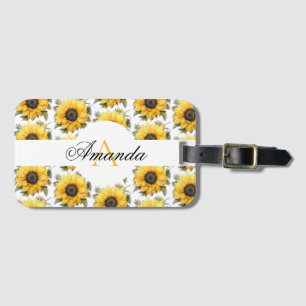 Étiquette À Bagage Aquarelle Tournesol jaune Nom Monogramme