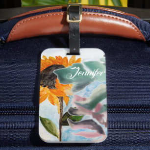 Étiquette À Bagage Aquarelle Tournesol Tropical Peinture botanique