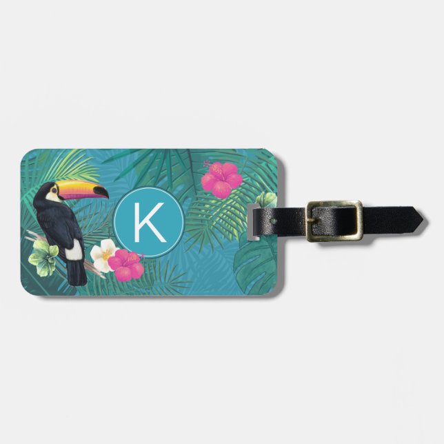 Étiquette À Bagage Aquarelle Tropical avec Toucan M. & Mme Turquoise  (Devant horizontal)