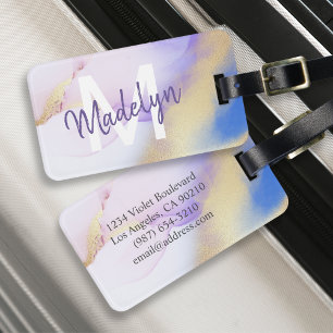 Étiquette À Bagage Aquarelle violet Abstrait Girly Luxury Monogramme