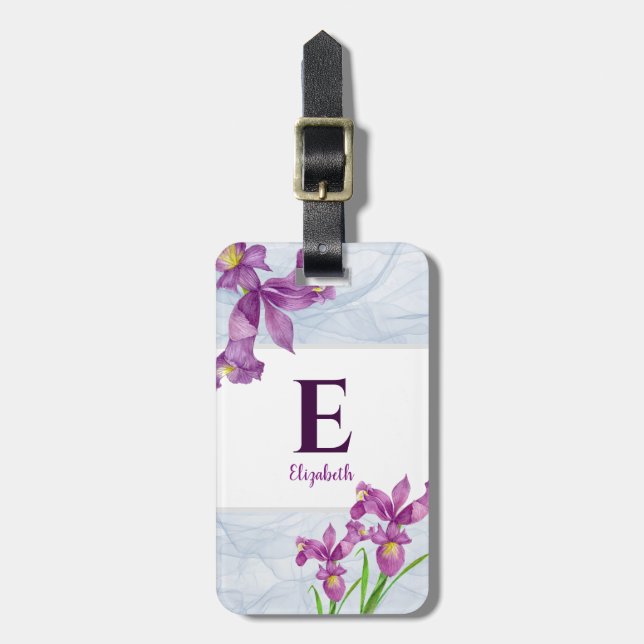 Étiquette À Bagage Aquarelle violet Iris Floral Organza Monogramme (Devant Vertical)