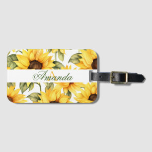 Étiquette À Bagage Aquarelle Yellow Sunflowers Feuille Monogramme