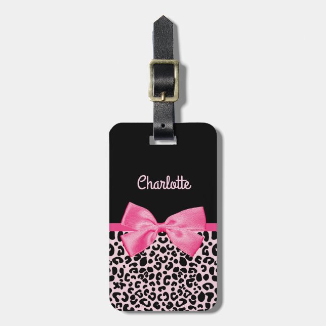 Étiquette À Bagage Arc mignon et nom d'empreinte de léopard noir rose (Devant Vertical)