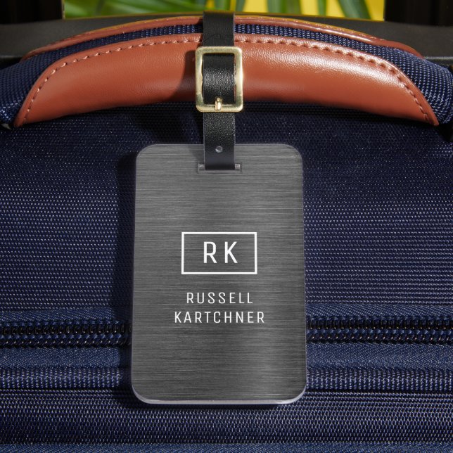 Étiquette À Bagage Argent gris brossé Métal moderne Monogramme Bagage (Insitu Rectoal 2)