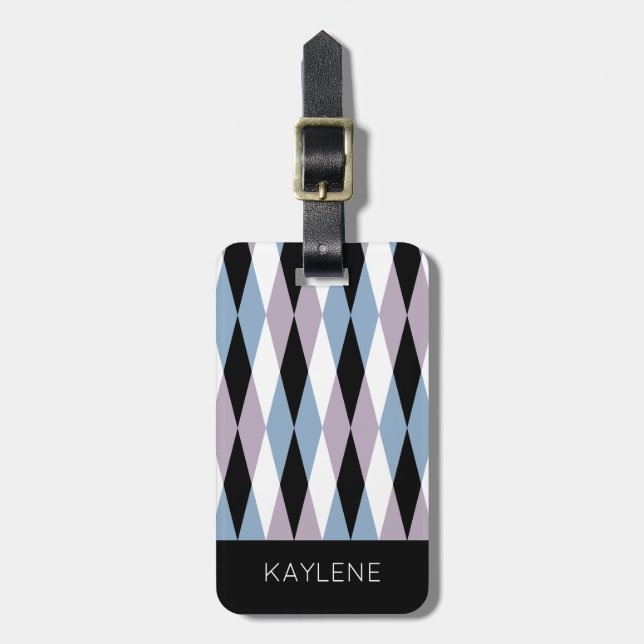 Étiquette À Bagage Arlequin Diamond Motif - Bleu et Dusty Lilac (Devant Vertical)