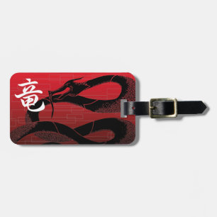 Étiquette À Bagage Arrière - plan rouge de dragon japonais noir