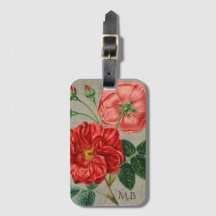 Étiquette À Bagage Art de rose rouge antique sur monogramme gris