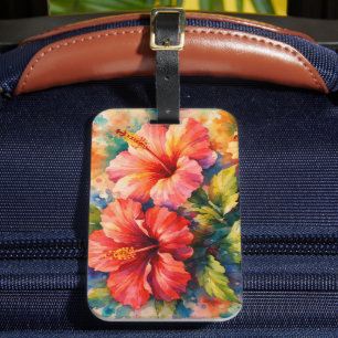 Étiquette À Bagage Art floral coloré de style aquarelle Hibiscus
