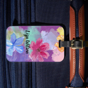 Étiquette À Bagage Art floral coloré Votre nom