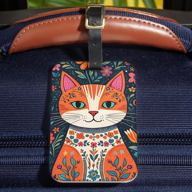 Étiquette À Bagage Art populaire Whimsical Chat et Fleurs (Insitu Rectoal 2)