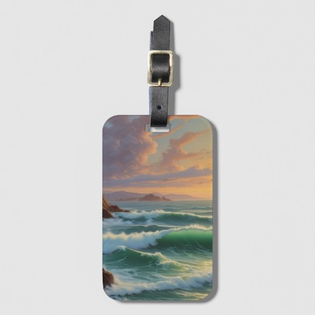 Étiquette À Bagage Artwork de peinture de paysage marin Sunset Ocean (Devant Vertical)