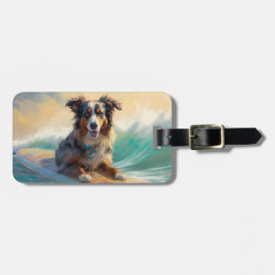 Étiquette À Bagage Australian Shepherd Beach Surfing Peinture