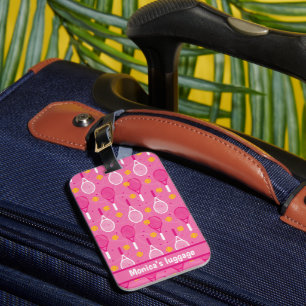 Étiquette À Bagage Avec le nom motif de raquette de tennis rose et bl