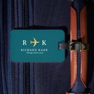 Étiquette À Bagage Avion avec initiales du pilote - bleu sarcelle fon