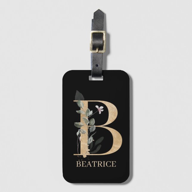 Étiquette À Bagage B Monogramme Floral Personnalisé (Devant Vertical)