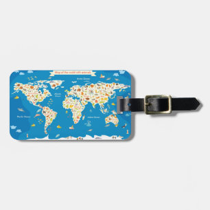 Étiquette À Bagage Badine la carte du monde avec des animaux