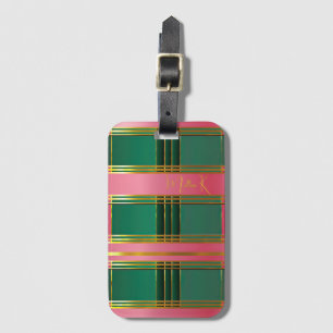 Étiquette À Bagage Bagage Monogramme en Bloc de Couleurs Rose et Vert