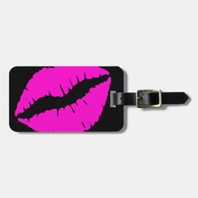 Étiquette À Bagage Baiser en rouge à lèvres noir et néon rose (Devant horizontal)