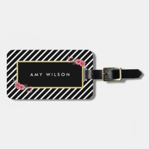 Étiquette À Bagage Balise Chic Black Stripes Watercolor Floral Bag