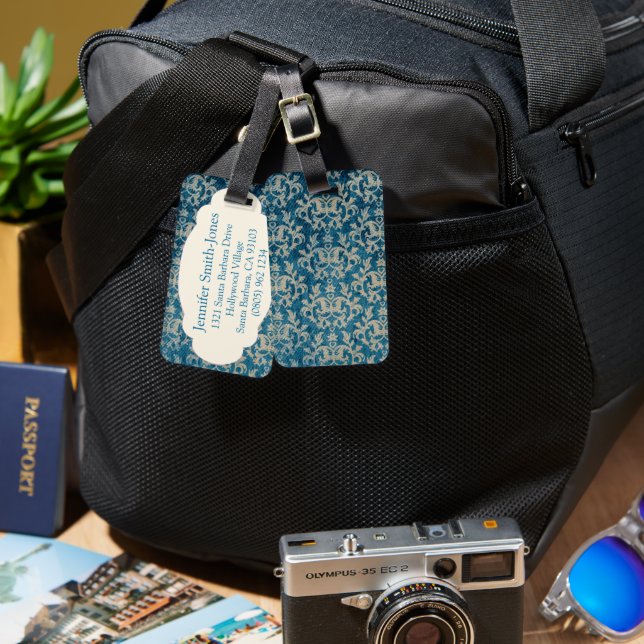 Étiquette À Bagage Balise de bagage bleu damask denim (Recto & Verso)