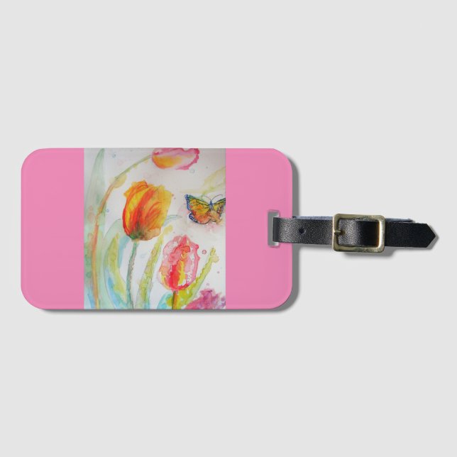 Étiquette À Bagage Balise de bagage couleur aquarelle Tulipe rose (Devant Horizontal)